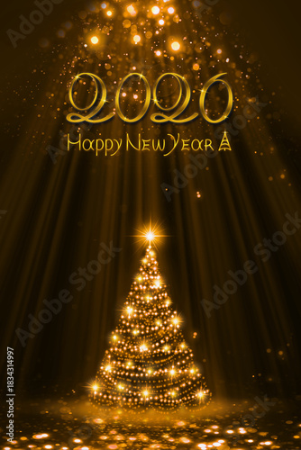 Golden Christmas tree and Happy New Year 2026, handwritten inscription isolated on blur bokeh background.