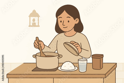 description,Illustration of a woman cooking at home preparing food in a cozy kitchen scene representing daily life homemade meals and healthy lifestyle in warm flat style
