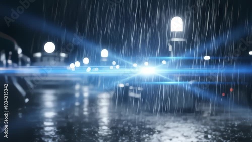 Cars Driving Down Wet Street at Night in Heavy Rain Storm