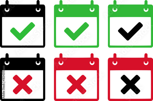 calendar date icon set, approve reject checkmark vector symbol
