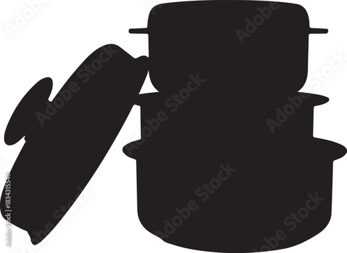 Stack of black cooking pots with lid silhouette