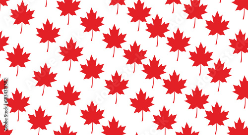 Seamless vector pattern featuring bright red maple leaves arranged diagonally on a white background, symbolizing Canadian national identity, nature, autumn, and patriotic celebration designs