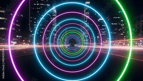 Fototapeta Naklejka Na Ścianę i Meble -  Glowing abstract neon tunnel zooming through blurred city night traffic