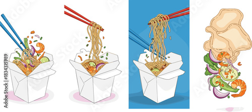 Asian noodle takeout boxes with chopsticks and ingredients including shrimp, lime, vegetables, and sauce in eating sequence