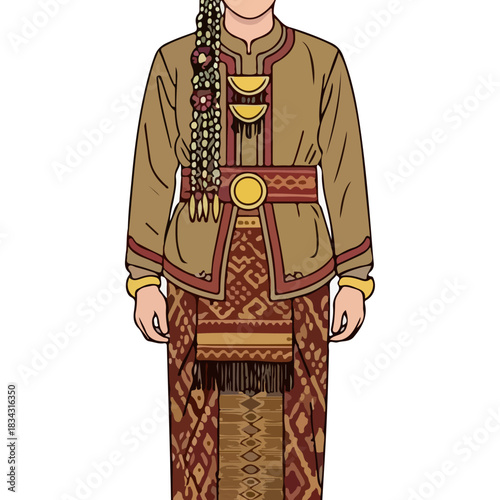 Traditional Indonesian Woman Wearing Elaborate Cultural Attire and Ornate Jewelry Full Body Illustration