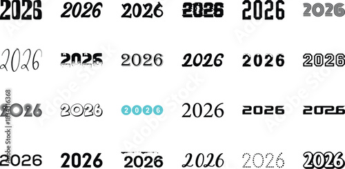 2026 Year Number Collection. 2026 typography logo set. Diverse Typography and Style Set for New Year Design.  black and white vector illustration