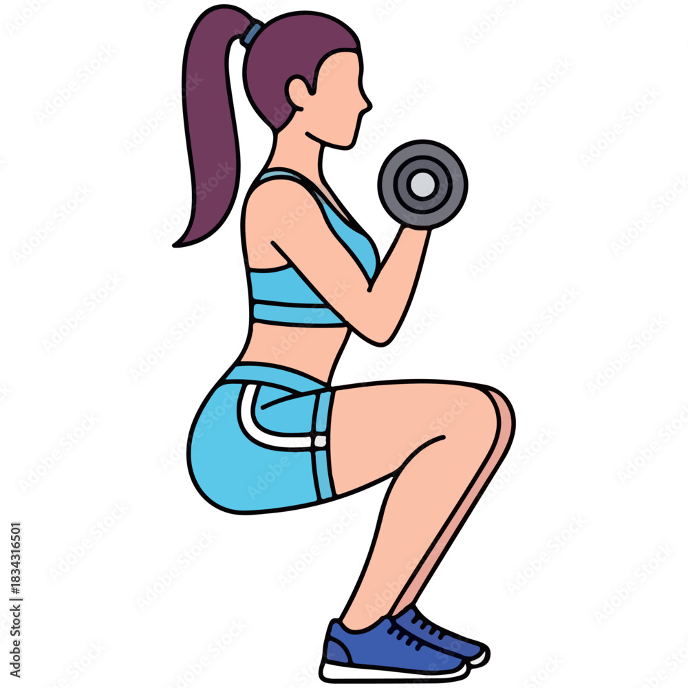 Fototapeta premium Fit woman doing dumbbell squats a full body workout exercise demonstrating strength and healthy lifestyle, fitness activity illustration