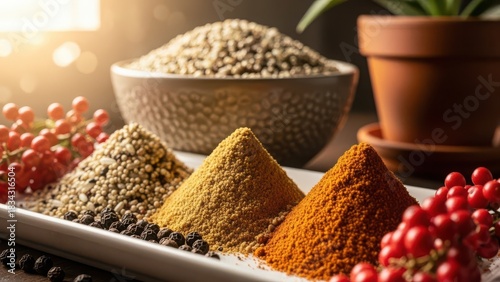 Fototapeta Naklejka Na Ścianę i Meble -  A vibrant still life arrangement of colorful spice powders and whole spices in textured bowls and piles evoking culinary inspiration and global flavors