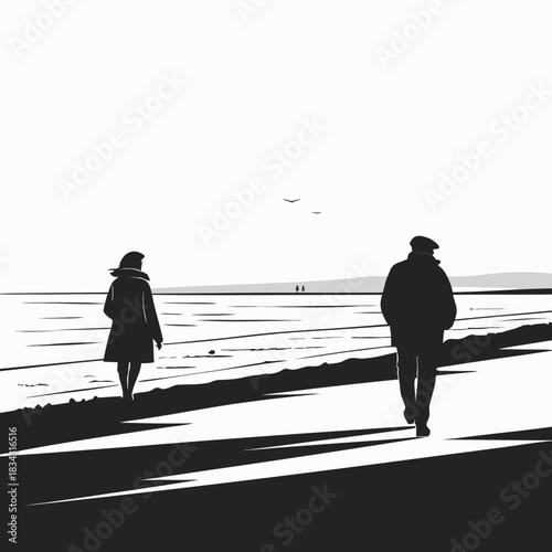 silhouette of couple walking seaside