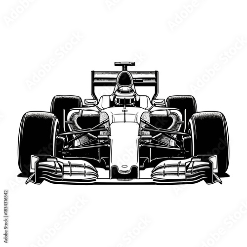Front View of a Sleek Formula 1 Racing Car with Large Wheels and Aerodynamic Bodywork in Black and White