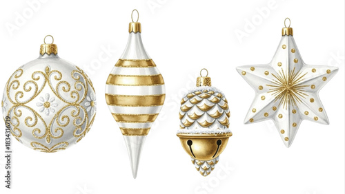 White and Gold Christmas Ornaments Set with Bauble Teardrop Bell and Star Illustration