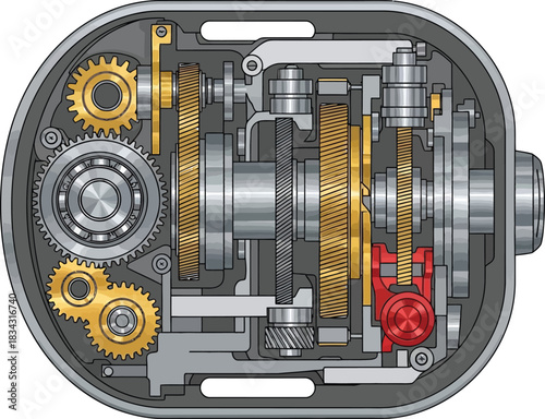 Mechanical gearbox cross section showing internal gears shafts and bearings for industrial engineering automotive transmission design concept technical machine part.