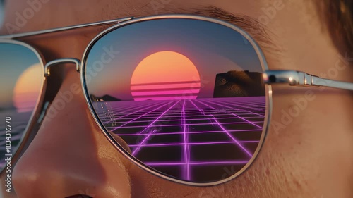 Sunset and Grid Reflected in Sunglasses in Retro Style