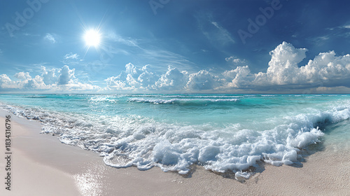A stunning coastal view with turquoise water and a bright sun, a beautiful beach with the sun and clear blue sky