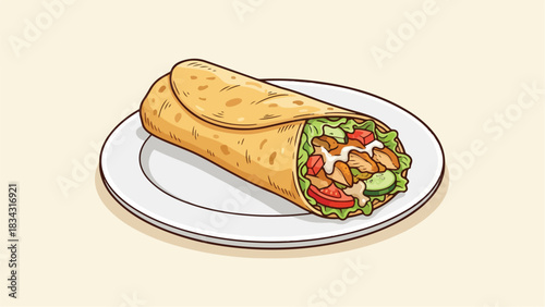 Delicious Chicken Shawarma Wrap on a White Plate.