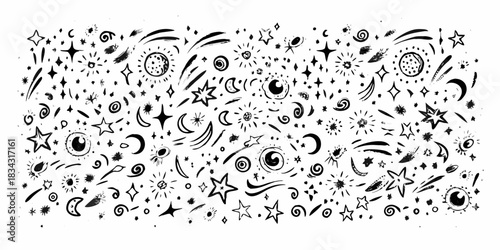 Hand drawn celestial elements with stars moons and planets