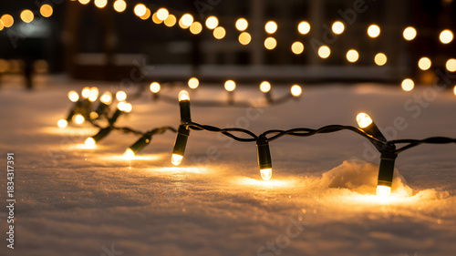 Outdoor Christmas lights illuminating snow-covered ground with bokeh effect string lights winter