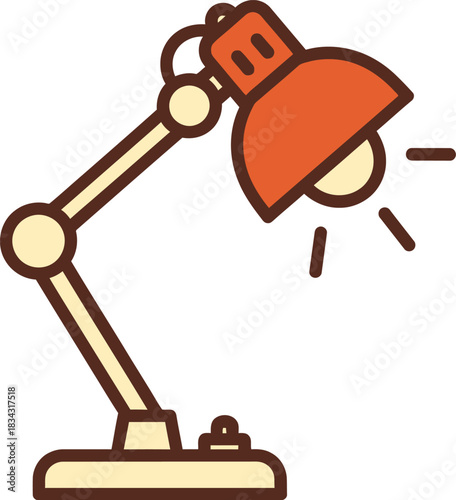 Simple cartoon illustration of a modern adjustable desk lamp with an orange shade and a light bulb emitting rays