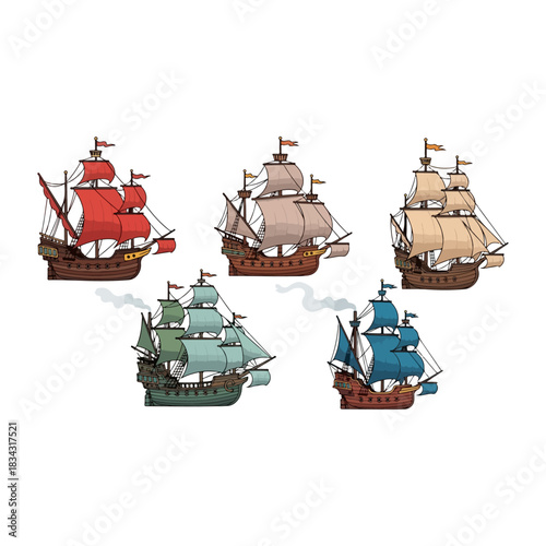 Collection of five detailed vintage sailing ships with colorful sails and smoke, isolated on white background vector illustration