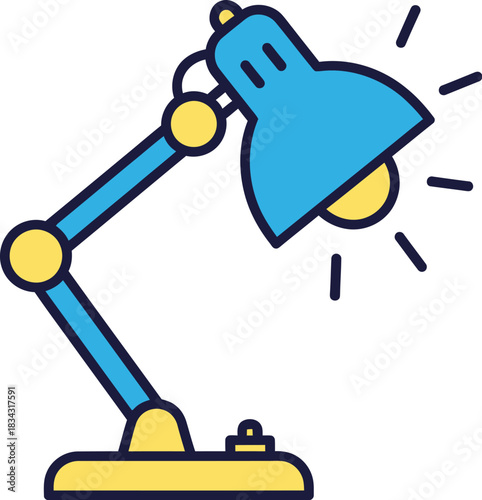 A bright blue and yellow desk lamp with a flexible arm illuminates its surroundings