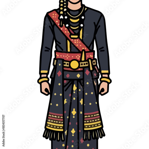 Traditional Indonesian Ethnic Costume with Rich Patterns and Ornate Accessories, Vibrant Cultural Attire