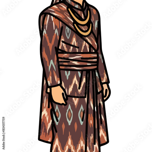 Traditional Indonesian Ikat Pattern Clothing with Geometric Motifs and Golden Necklace Ensemble