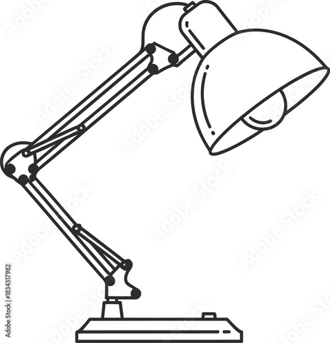 Minimalist line art illustration of an adjustable architect desk lamp on a white background