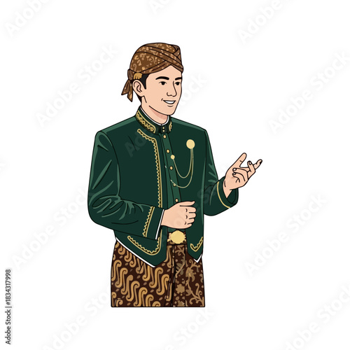 Javanese Man Wearing Traditional Dark Green Kebaya and Batik Pants in a Formal Pose with Hand Gestures