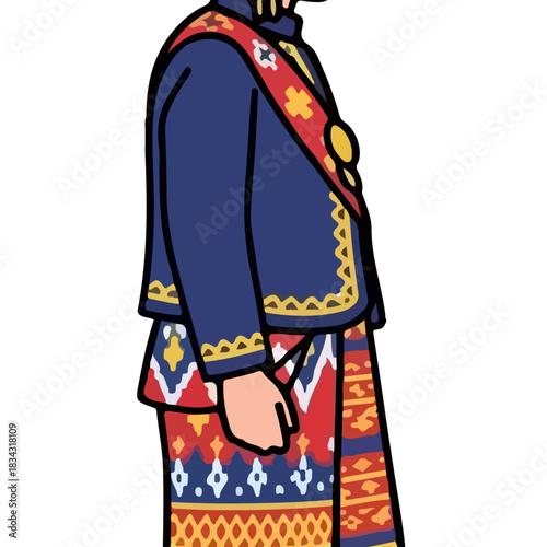 Man Wearing Traditional Blue Jacket Red Sarong and Sash Detailed Illustration Cultural Attire with Ornate Patterns