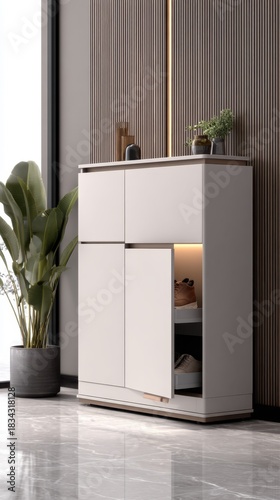 Modern interior showcasing a stylish cabinet with open storage, plants, and elegant decor in a bright room
