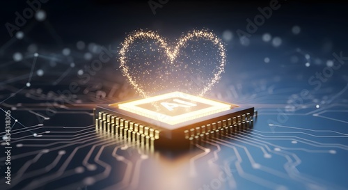 Ai chip with glowing heart on circuit board, showing emotional tech.