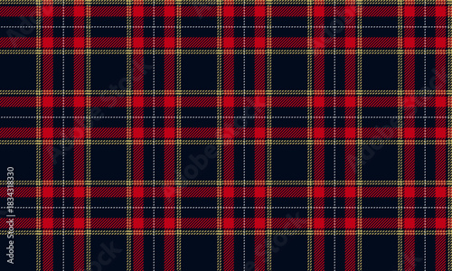 This seamless plaid pattern, in navy, red, and yellow, creates a vibrant and striking look for clothing, skirts, and pants, adding a classic, modern fashion style.