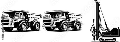 Heavy mining haul trucks and drilling rig black and white art