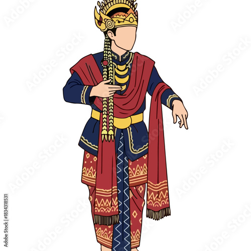 Traditional Indonesian Dancer in Elaborate Costume with Ornate Headdress and Richly Decorated Sarong, Full Body Illustration