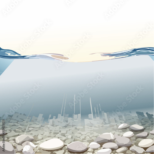 Underwater View Of A Sunlit Riverbed With Smooth Pebbles And Rippling Water Surface Above Under A Bright Sky With Soft Light And Sun Rays Filtering Through