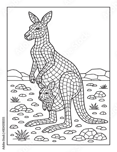 Mother kangaroo with joey in pouch, coloring book art.