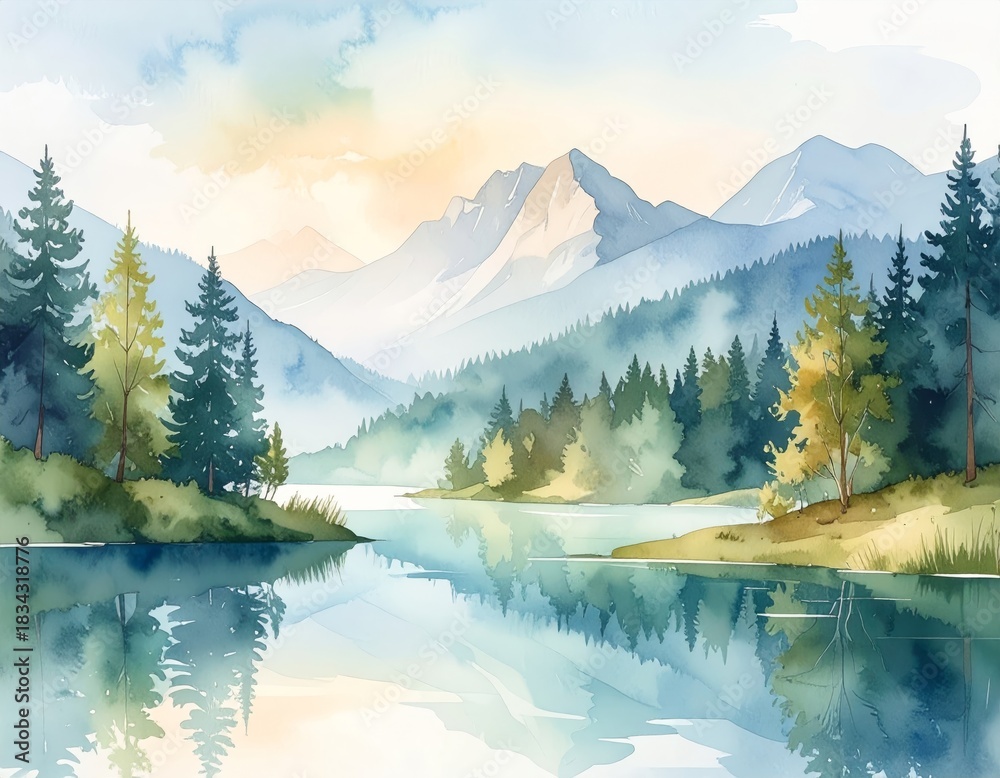 Obraz premium Soft watercolor illustration of a peaceful nature landscape with mountains, trees and lake, gentle gradients, artistic brush texture, calming atmosphere, suitable for prints and editorial use