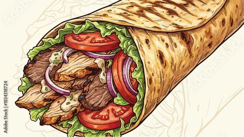 Delicious and appetizing shawarma wrap with fresh ingredients.