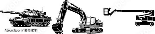 Tank Excavator Boom Lift Heavy Equipment Vector Icons Set