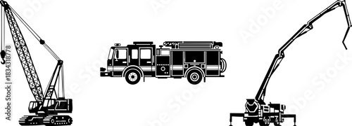 Construction crane, fire truck, and industrial vehicle icons set.