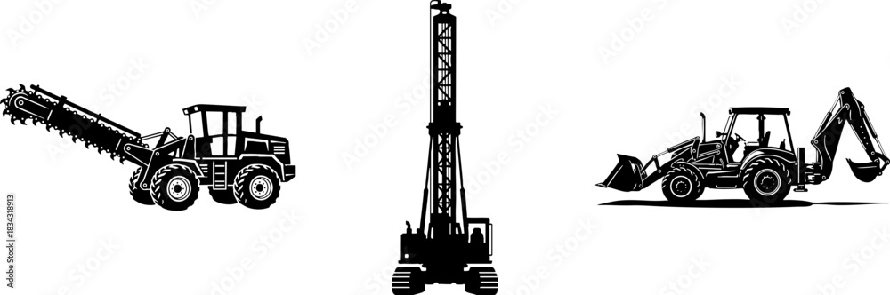 Fototapeta premium Heavy Construction Equipment Silhouettes: Machinery Vector Set