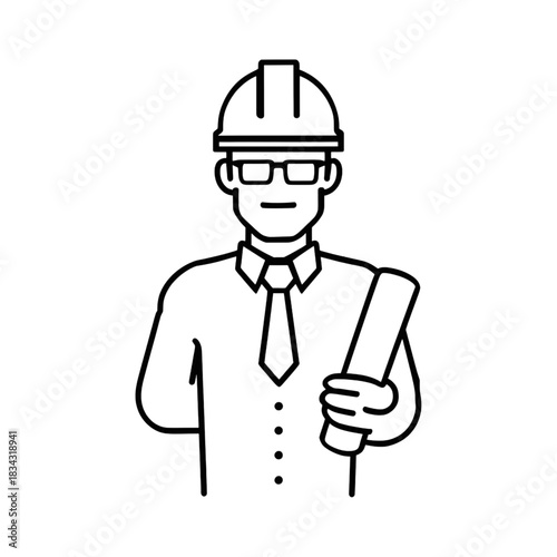 Engineer or Architect with Hard Hat and Rolled Blueprint Outline Vector