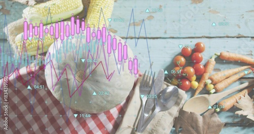 Sitting pale green melon on turquoise tabletop with corn, tomatoes, carrots, cutlery, data overlays