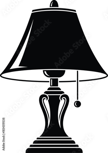 Classic black silhouette of a traditional table lamp with a bell shaped shade and pull chain