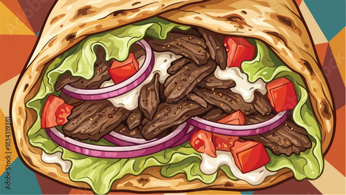 Delicious and appetizing shawarma wrap with fresh ingredients and meat.