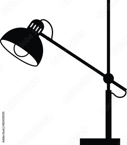 A minimalist black silhouette of an adjustable desk lamp with a dome shaped shade and a visible light bulb