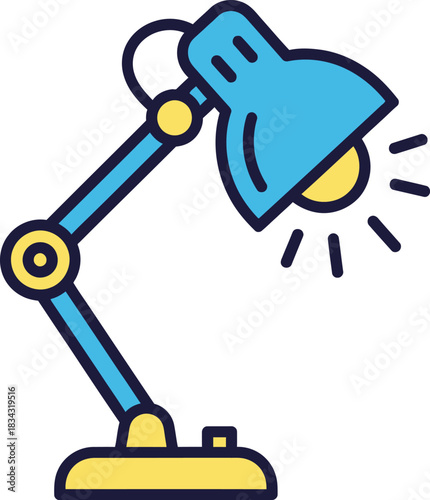 Modern blue and yellow desk lamp illuminating with bright light on a white background