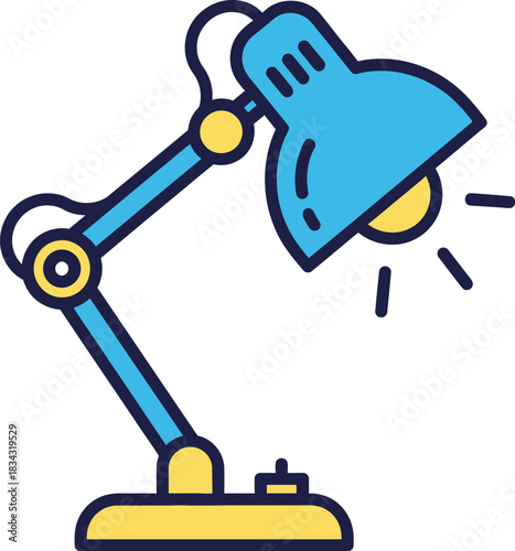 A bright blue and yellow desk lamp with an adjustable arm and a lit bulb radiates light