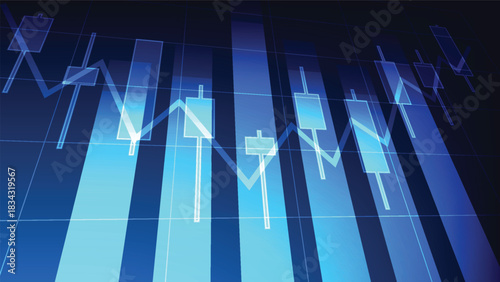 stock market candlesticks with graphic bar chart on blue background. financial investment and business growth