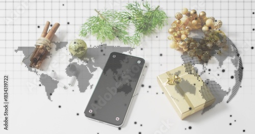 Showing black phone with screws on grid paper, with gold gift, cinnamon, pine, halftone map